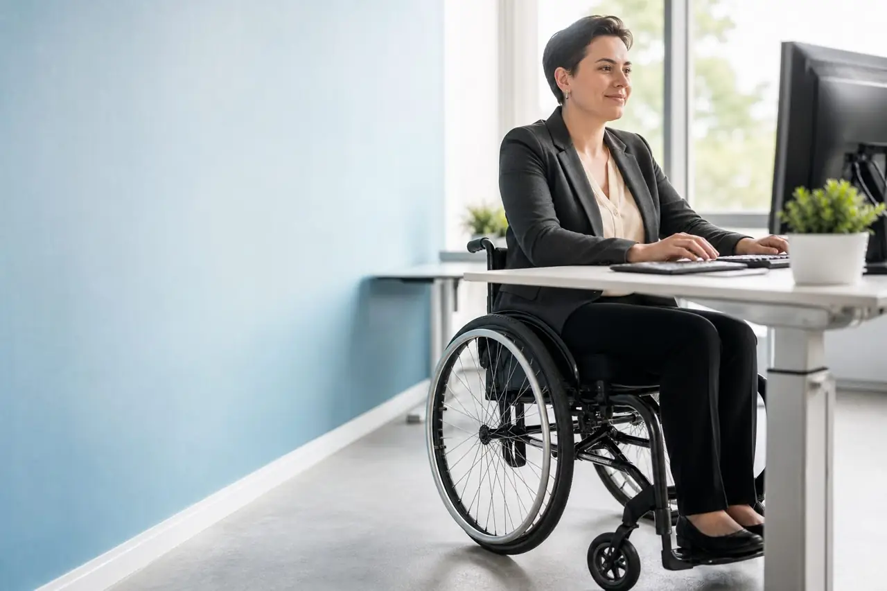 Professionnelle en fauteuil roulant travaillant à un bureau accessible dans un espace lumineux