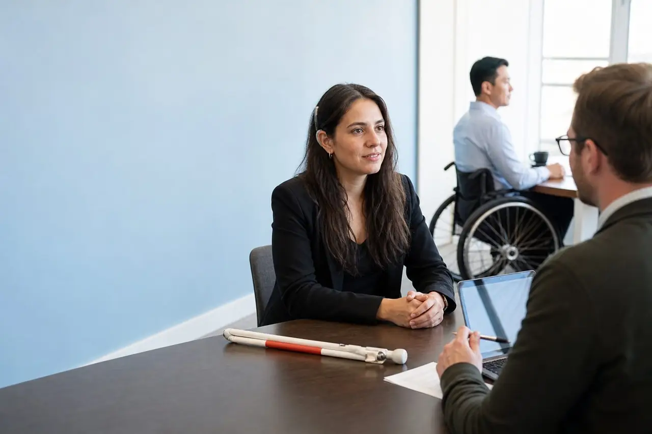 Une candidate avec une canne blanche discute d'un accommodement avec une recruteuse, une collègue en fauteuil roulant en arrière-plan.