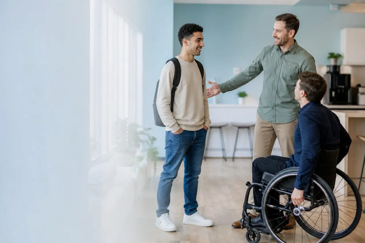 Un mentor accueille un jeune immigrant et un collègue en fauteuil roulant lors d'une intégration en milieu de travail.