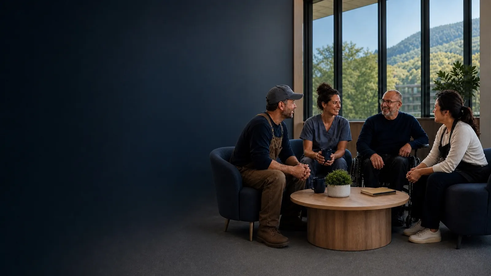 Quatre personnes représentant différents métiers discutent dans un espace lumineux, dont un homme en fauteuil roulant.