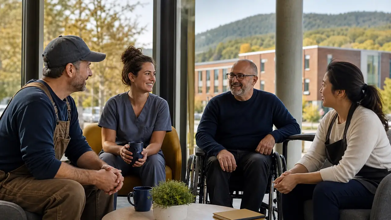 Quatre personnes, dont une en fauteuil roulant, échangent dans un espace commun lumineux.